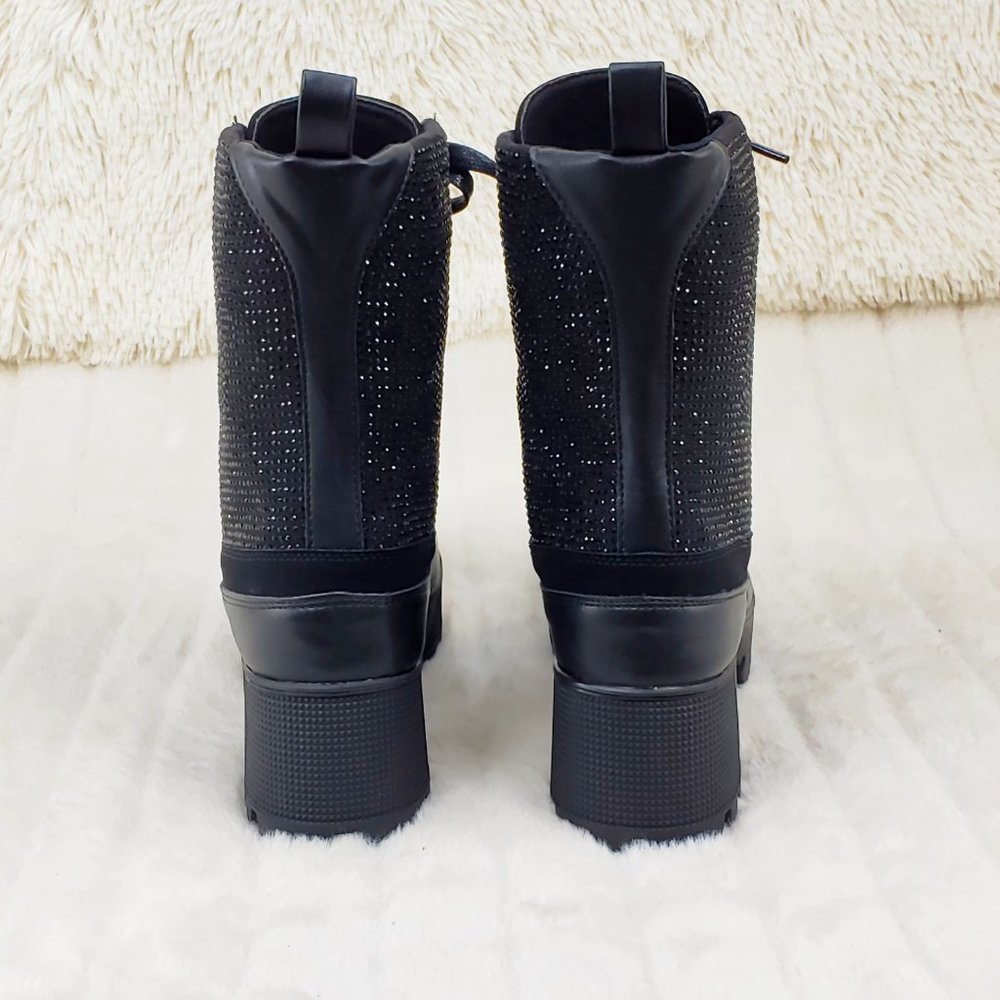 Diva Shine Black Rhinestone Platform Combat Ankle Boots - Picture 7 of 12